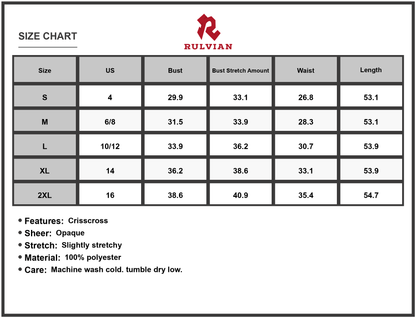 Size Chart - Women's Crisscross Printed Surplice Cami Dress with Sheer Detail and Opaque Stretch Body Fabric 100% Polyester