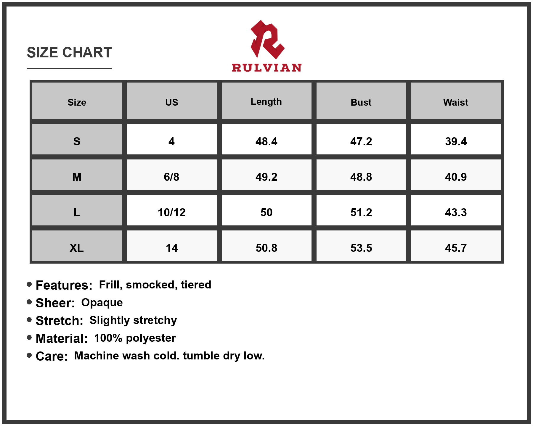 Size Chart - Women's Printed Square Neck Midi Cami Dress with Frill Smocked Tiered Sheer Fabric 100% Polyester for everyday wear