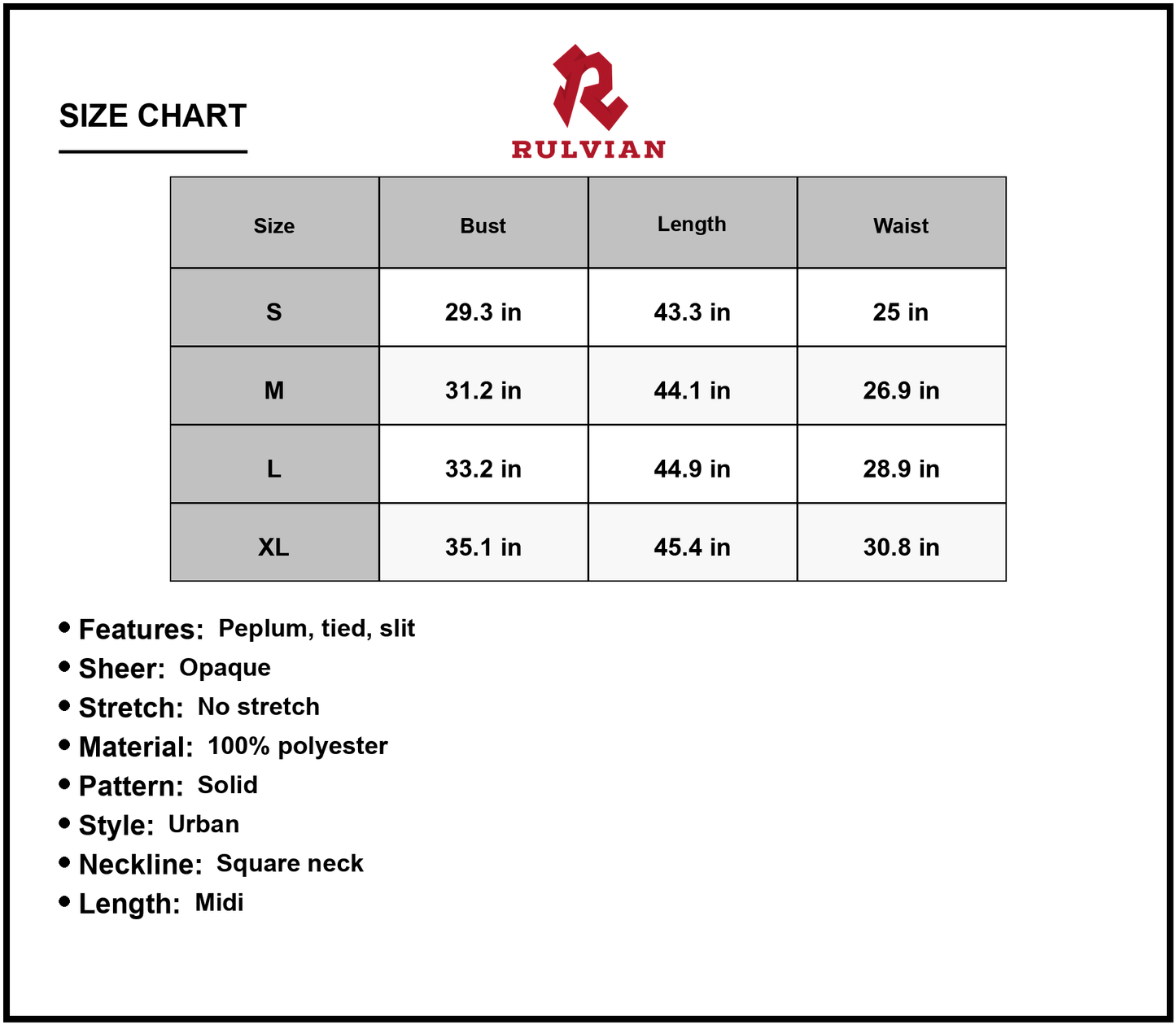 Size Chart - Women's Square Neck Tie Strap Midi Dress in Solid Urban Style with Peplum and Slit Sleeveless Flounce Hem 100% Polyester