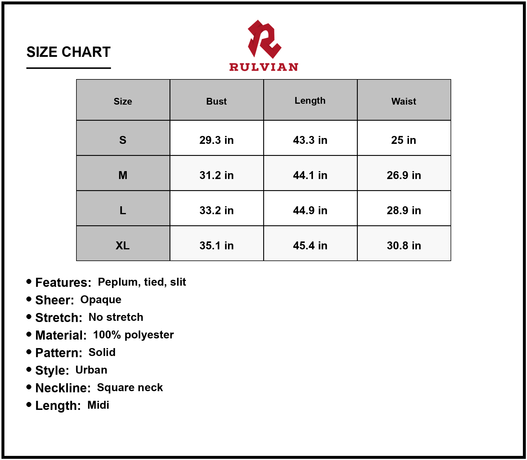 Size Chart - Women's Square Neck Tie Strap Midi Dress in Solid Urban Style with Peplum and Slit Sleeveless Flounce Hem 100% Polyester