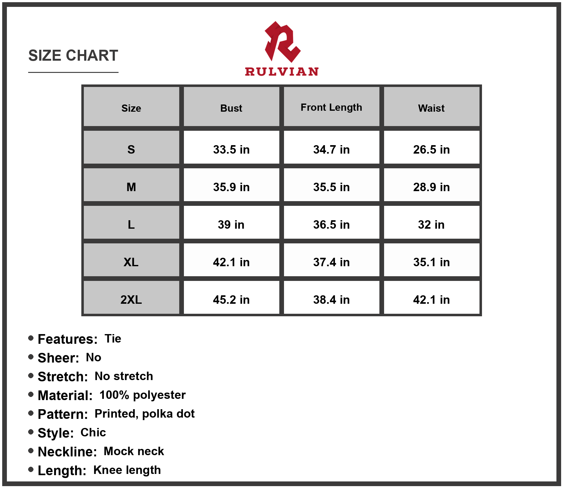 Size Chart - Women's Printed Tie Waist Frill Trim Dress with Mock Neck Sleeveless Knee Length Polka Dot A line 100% polyester Fabric
