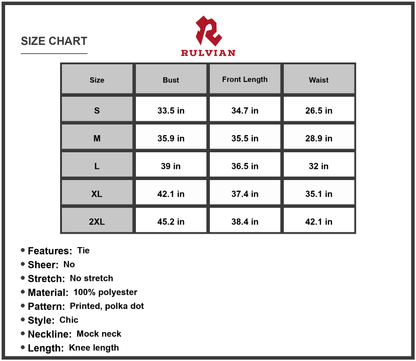 Size Chart - Women's Printed Tie Waist Frill Trim Dress with Mock Neck Sleeveless Knee Length Polka Dot A line 100% polyester Fabric