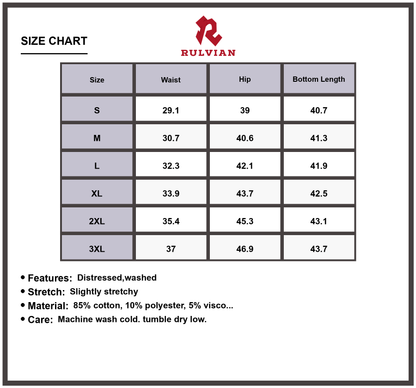 Size Chart - Men's Distressed Wide Leg Jeans Plus Size Washed Denim Slightly Stretchy Durable Versatile Modern Fashionable Premium Quality Pants