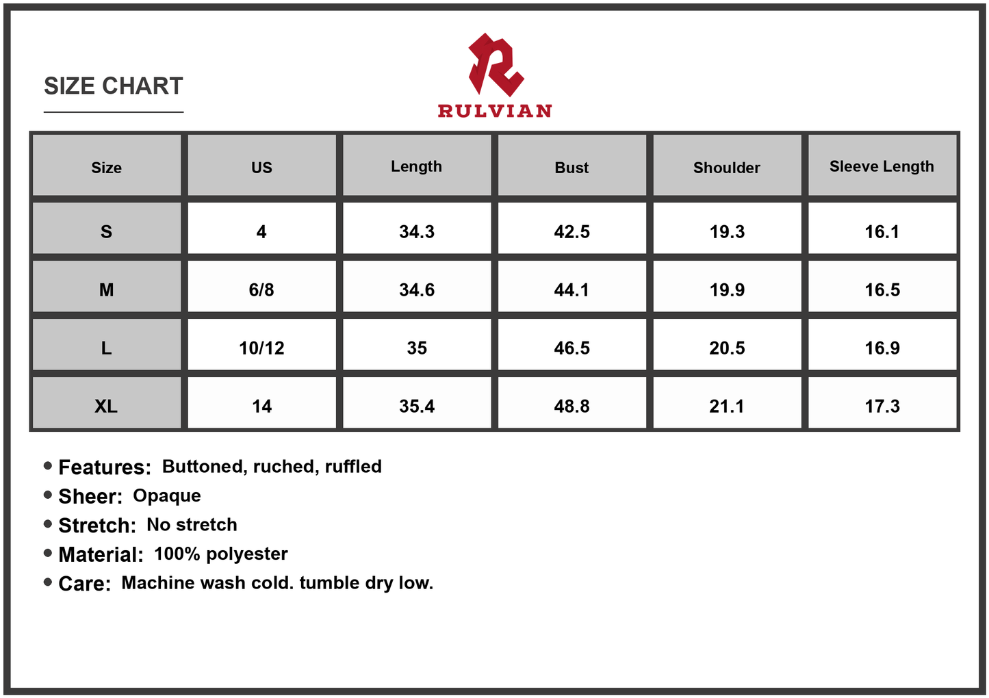 Size Chart - Women's Button Detail Printed Mini Dress with Ruched and Ruffled Design and Sheer Overlay 100% Polyester Fabric