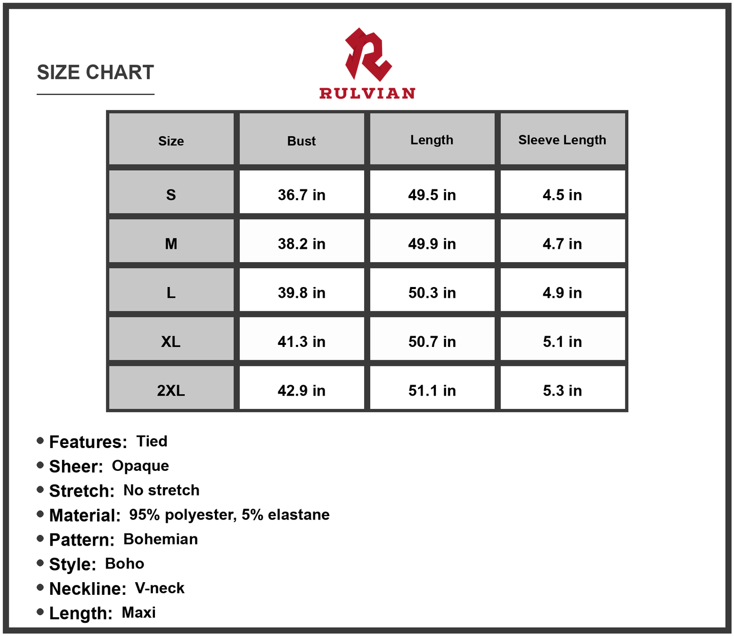 Size Chart - Women's V Neck Short Sleeve Boho Maxi Dress with Tie Neckline Aline Hem Bohemian Pattern 95% polyester 5% elastane
