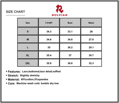 Size Chart - Women's Lace Lantern Sleeve Mini Dress Button Detail and Ruffle Trim Cotton Spandex Blend 95% Cotton 5% Spandex