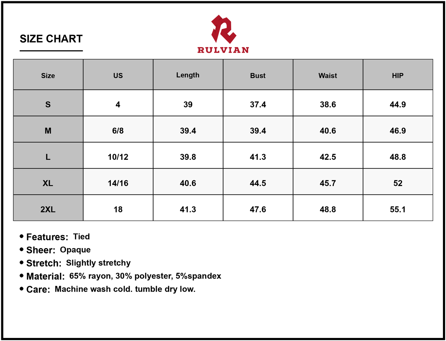 Size Chart - Women's Tied Round Neck Sleeveless Dress with Sheer Ties Opaque Stretch Fabric 65% rayon 30% polyester 5% spandex