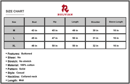 Size Chart - Men's Button Front Textured Slit Shirt Dress in Cotton Fabric 60% Cotton Midi Length Collared Neck Long Sleeve Casual