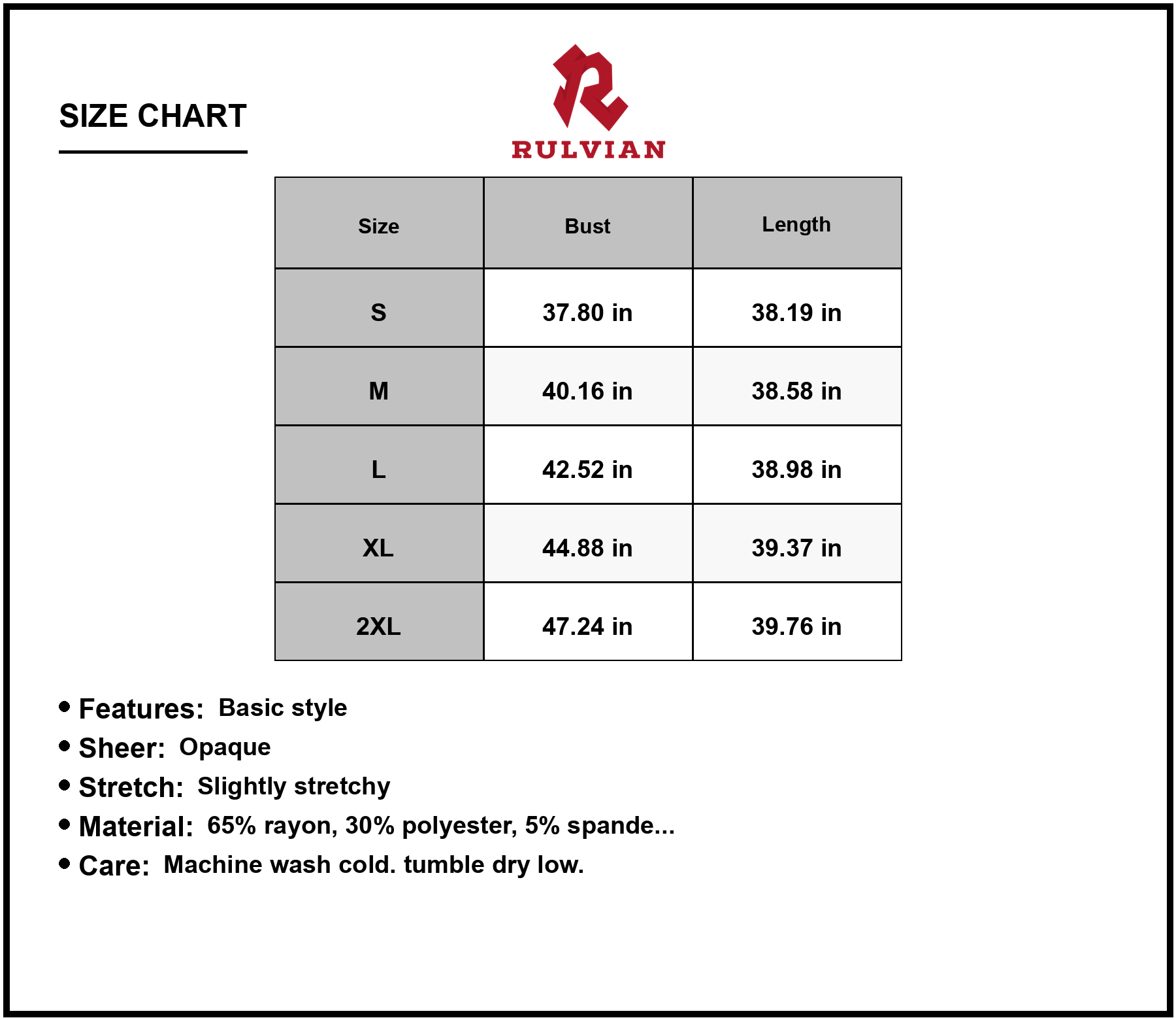 Size Chart - Women's Pocketed V Neck Wide Strap Dress 65% rayon 30% polyester 5% spandex Lightweight Comfortable Everyday Wear