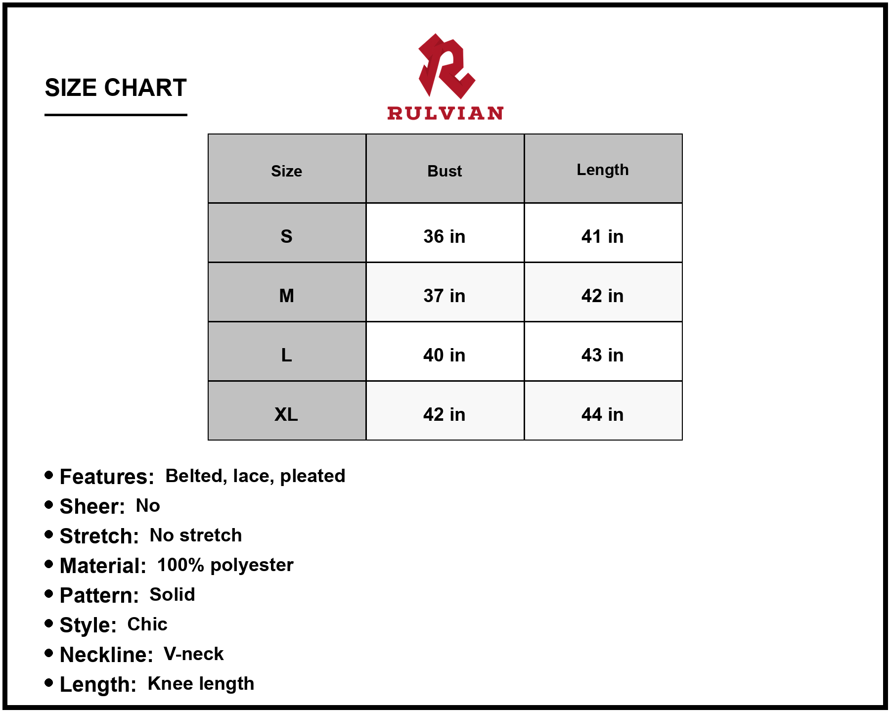 Size Chart - Women's V Neck Tie Belt Pleated Dress 100% Polyester Knee Length Cap Sleeves Belted Lace A Line Style Lined Chic Evening