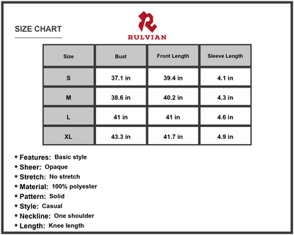 Size Chart - Women's Knee Length One Shoulder Dress with Swiss Dot Accents Asymmetrical Neck Casual Daywear 100% Polyester Fabric