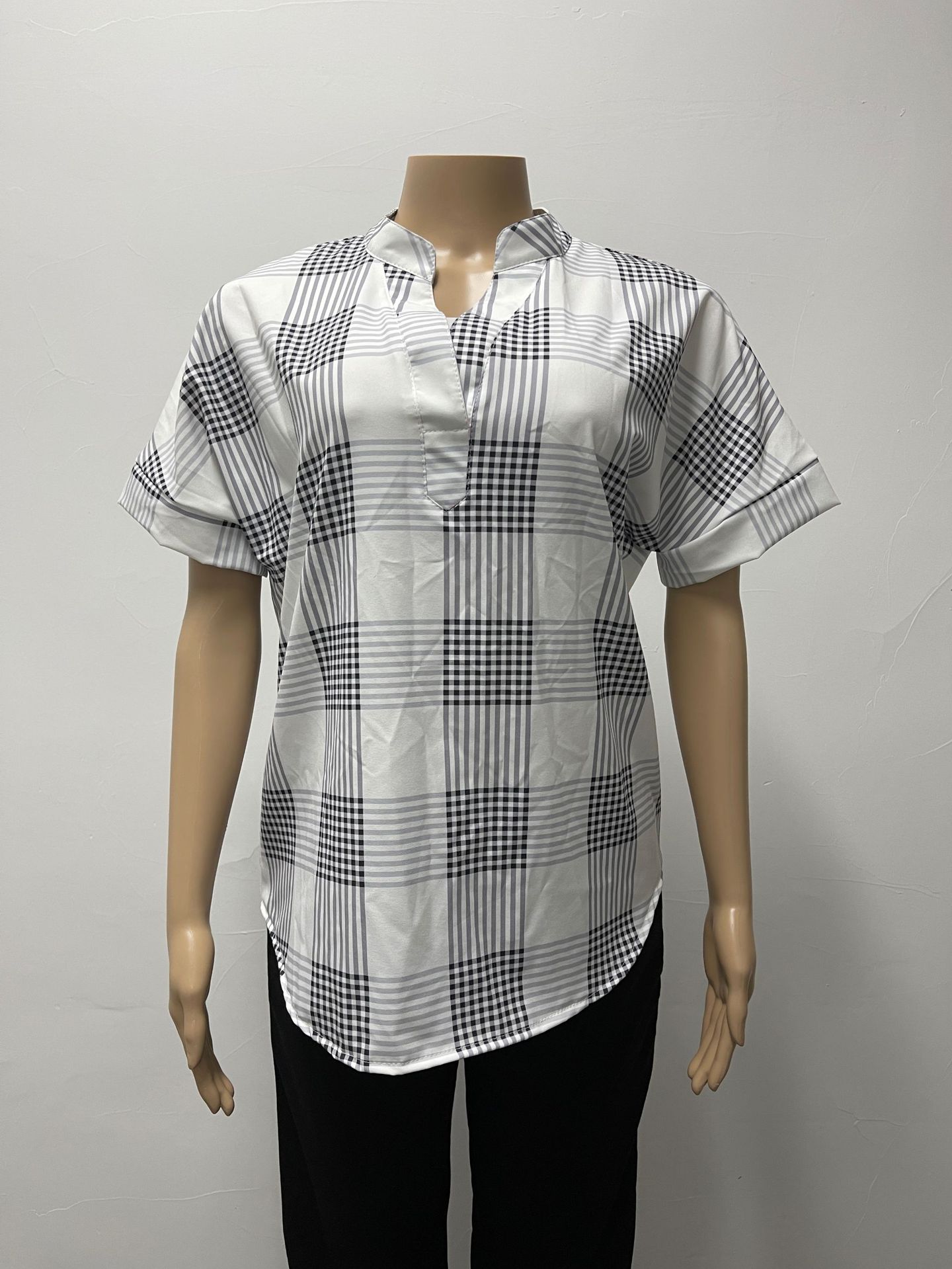 Size Chart - Printed V-Neck Loose Casual Check Short Sleeve Shirt