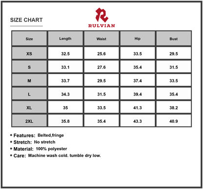 Size Chart - Women's Fringe Square Neck Bodycon Mini Dress Belted with Fringe for Party Night Out 100% Polyester Sleek Silhouette