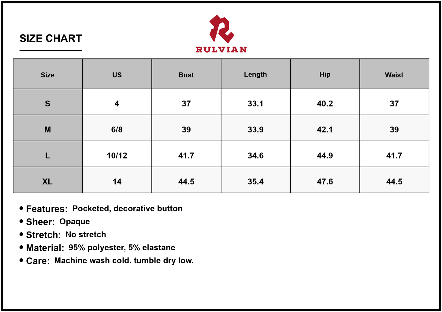 Size Chart - Women's Decor Button Mini Tank Dress with Pockets 95% polyester 5% elastane Soft Lightweight Everyday Wear Casual