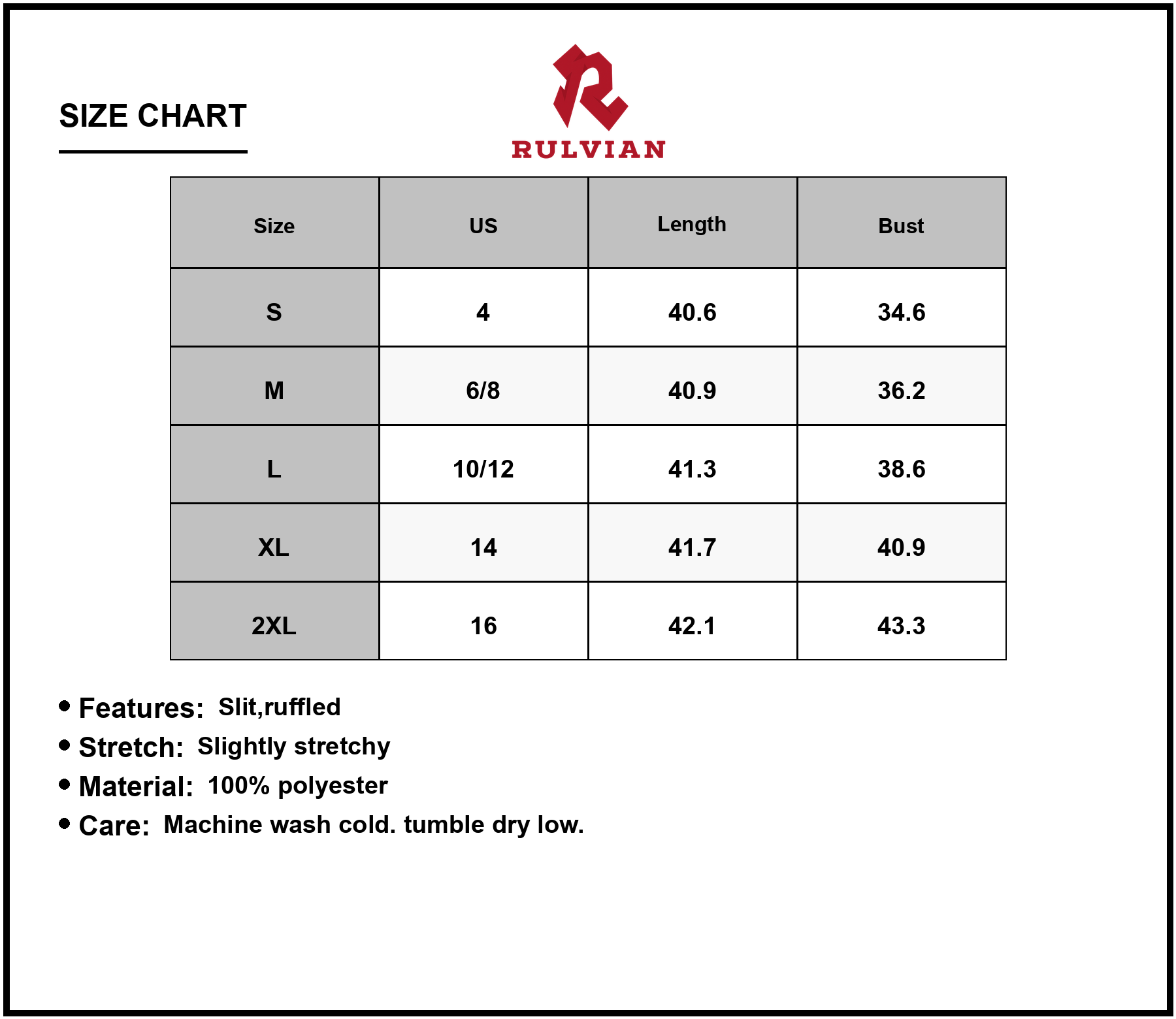 Size Chart - Womens Surplice Ruffled Cap Sleeve Dress 100% Polyester Slit Detail Not Lined Elegant Everyday Wear For Casual Wear