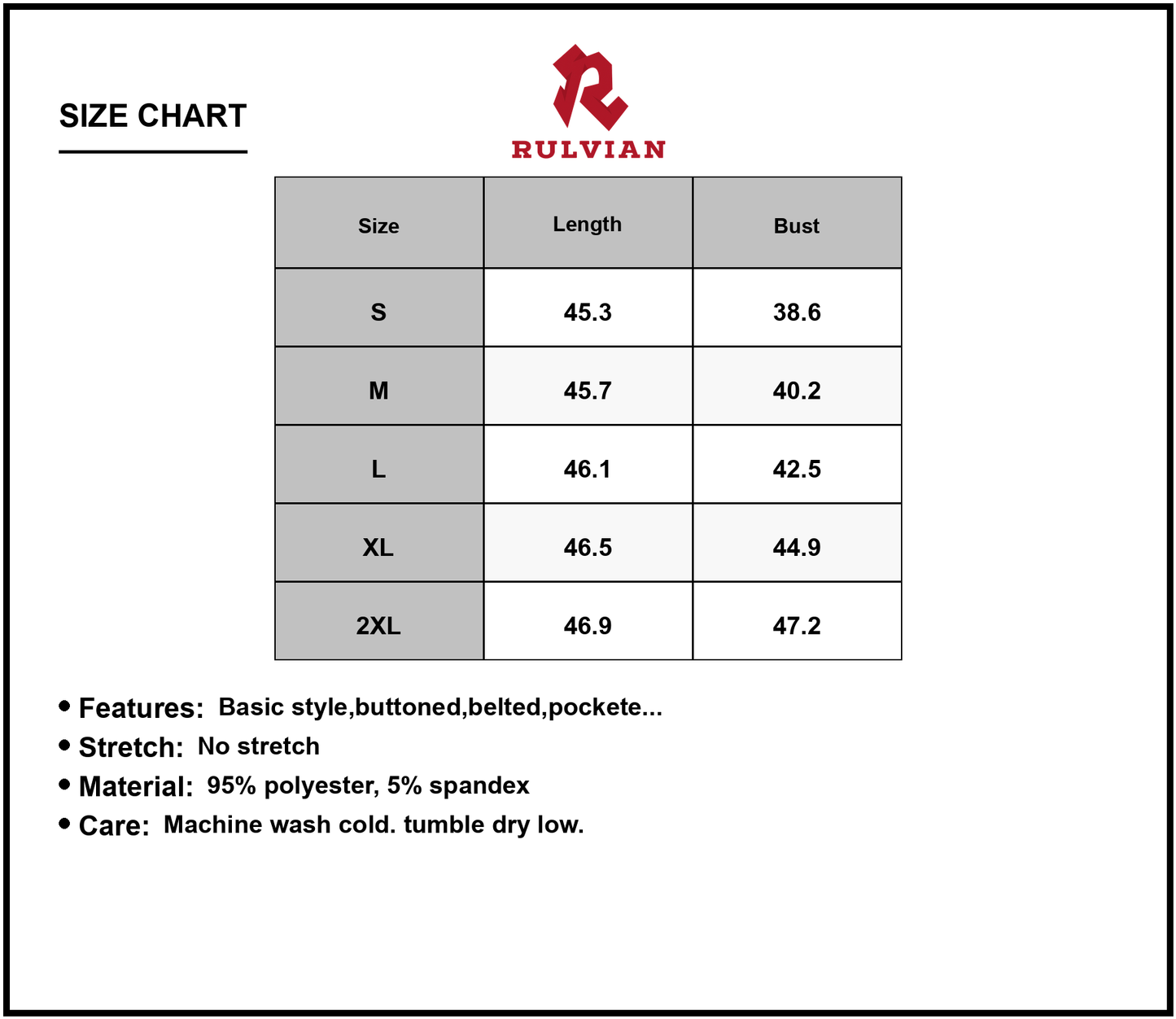 Size Chart - Men's Striped Button-Down Shirt Dress with Belted fabric 95% polyester fabric 5% spandex for versatile everyday wear
