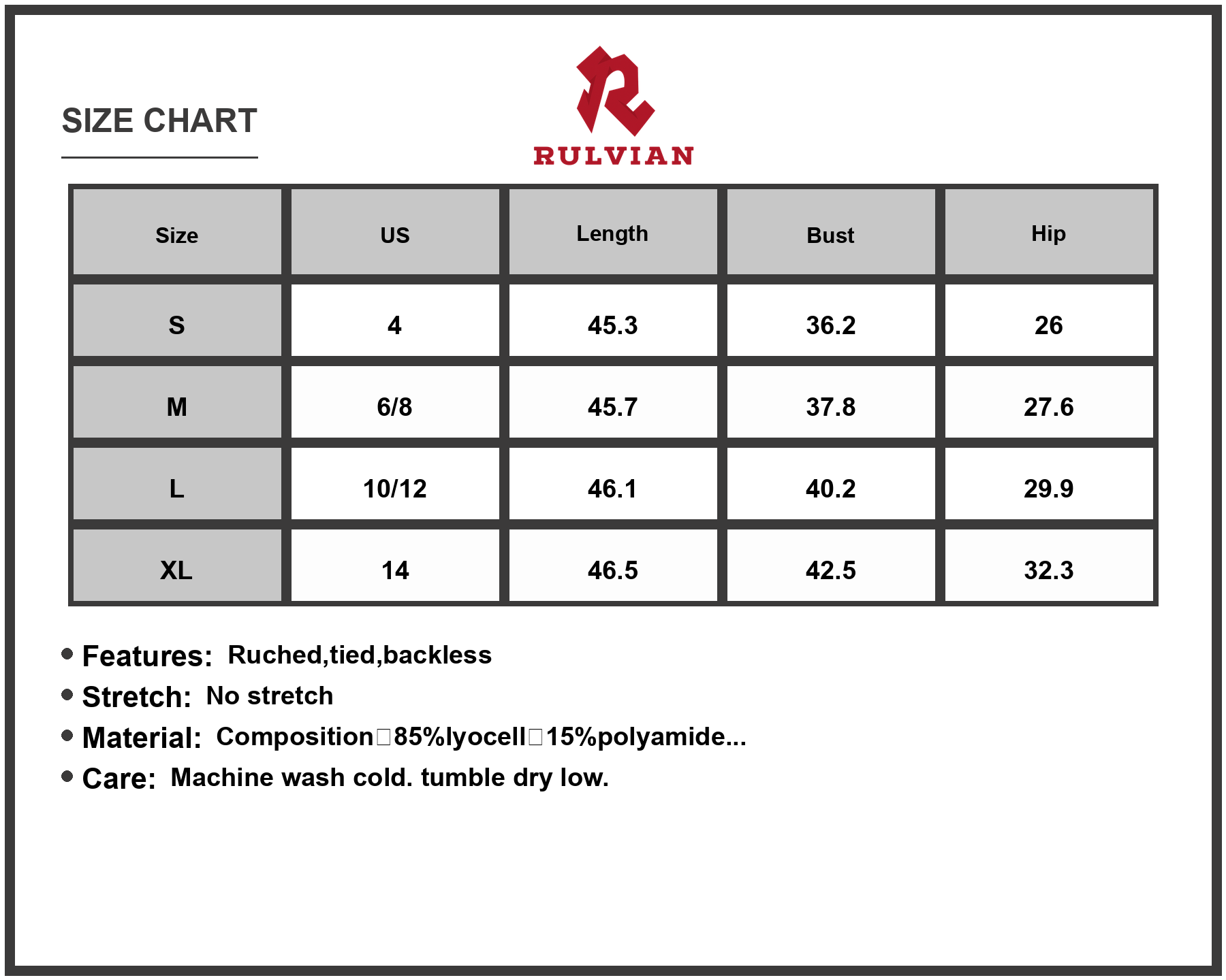 Size Chart - Women's Texture Sweetheart Neck Backless Cami Dress with Ruched Ties Bodice and Lining Lyocell 85% Polyamide 15%