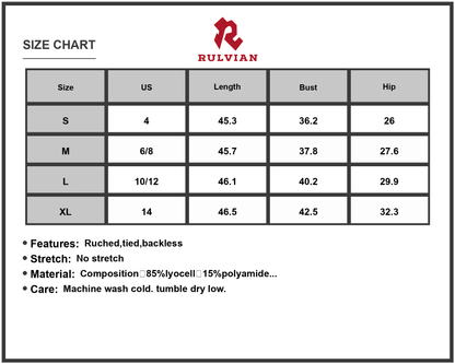 Size Chart - Women's Texture Sweetheart Neck Backless Cami Dress with Ruched Ties Bodice and Lining Lyocell 85% Polyamide 15%