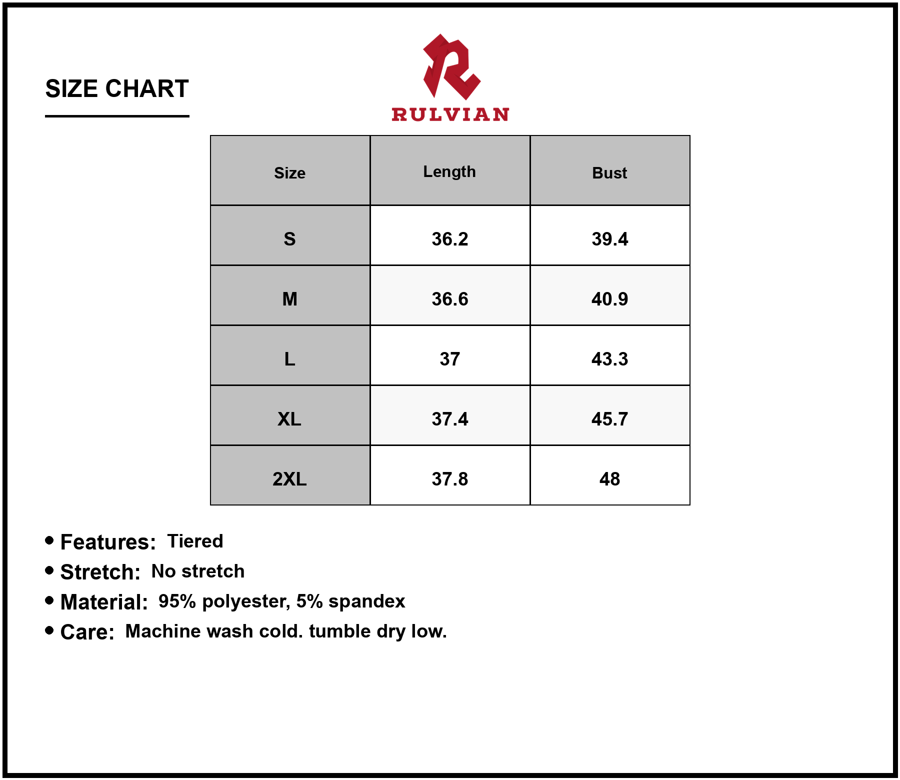 Size Chart - Womens Abstract Print Tiered Short Sleeve Dress 95% polyester 5% spandex fabric for comfortable everyday wear attire