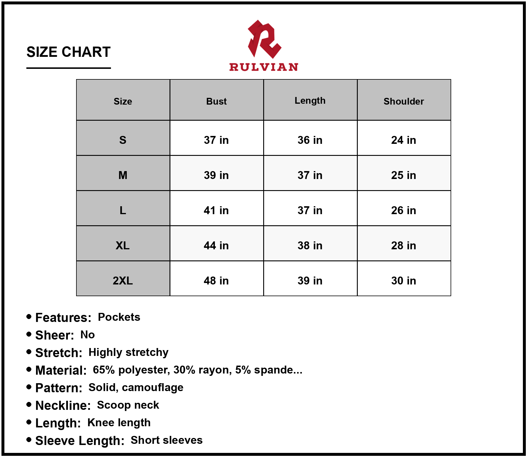 Size Chart - Women's Scoop Neck Short Sleeve Pocket Dress 65% Polyester 30% Rayon 5% Spandex Everyday Comfort Casual Everyday Wear