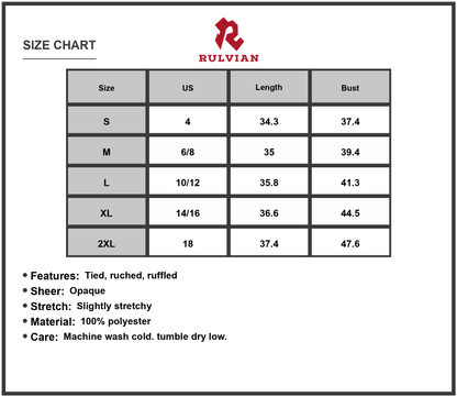 Size Chart - Women's tied back ruched ruffled tank dress with sheer yet opaque stretch 100% Polyester fabric for stylish warm days
