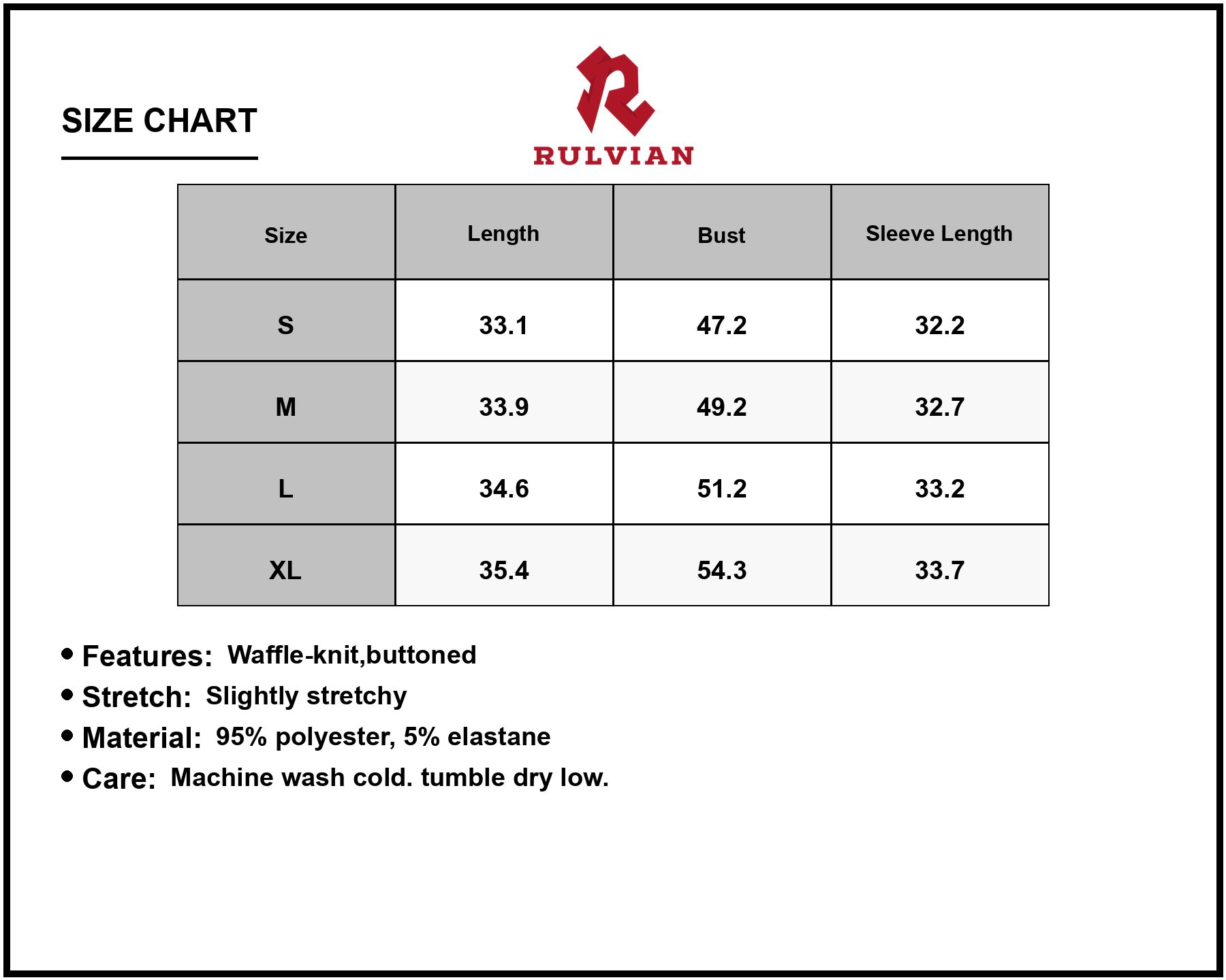 Size Chart - Women's Waffle Knit Button Front Dress with Ninety Five Percent Polyester and Five Percent Elastane for Comfortable Fit