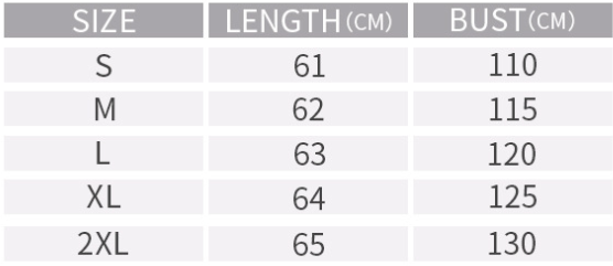 Size Chart - Short back long loose short sleeve T-shirt