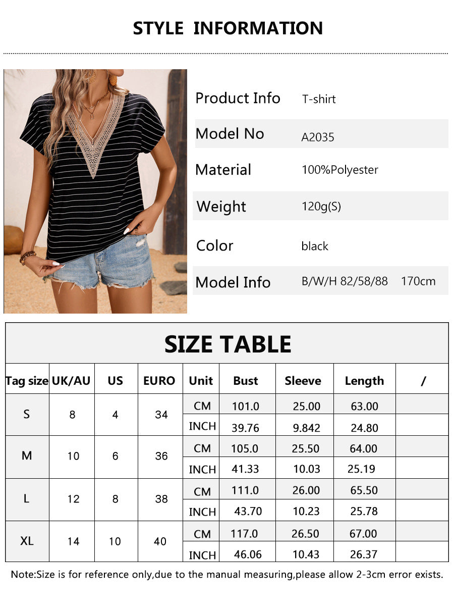Size Chart - European And American Stitching V-neck Striped Casual Women's Top T-shirt