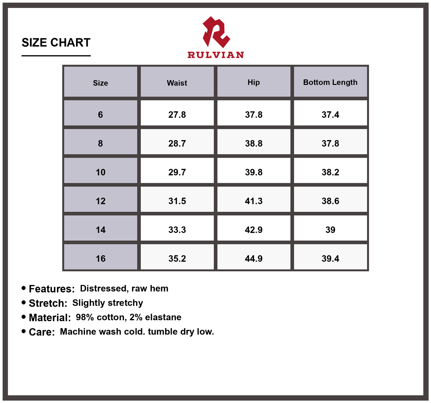 Size Chart - Women's Distressed Raw Hem Star Jeans Slightly Stretchy Premium Durable Versatile Modern Trendy for Casual Everyday Fashion Wear