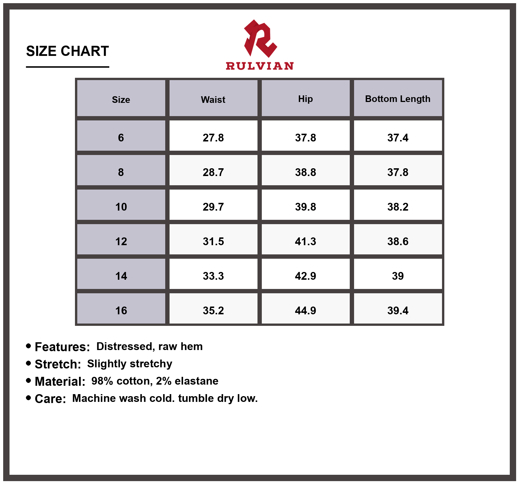 Size Chart - Women's Distressed Raw Hem Star Jeans Slightly Stretchy Premium Durable Versatile Modern Trendy for Casual Everyday Fashion Wear