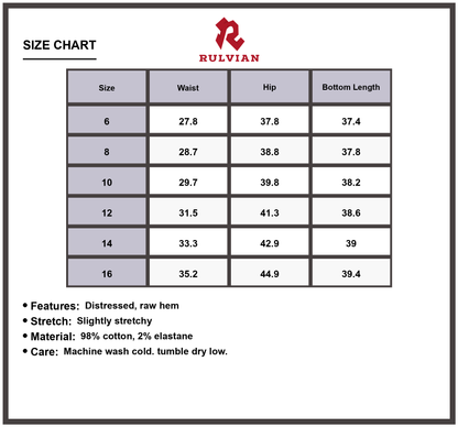 Size Chart - Women's Distressed Raw Hem Star Jeans Slightly Stretchy Premium Durable Versatile Modern Trendy for Casual Everyday Fashion Wear