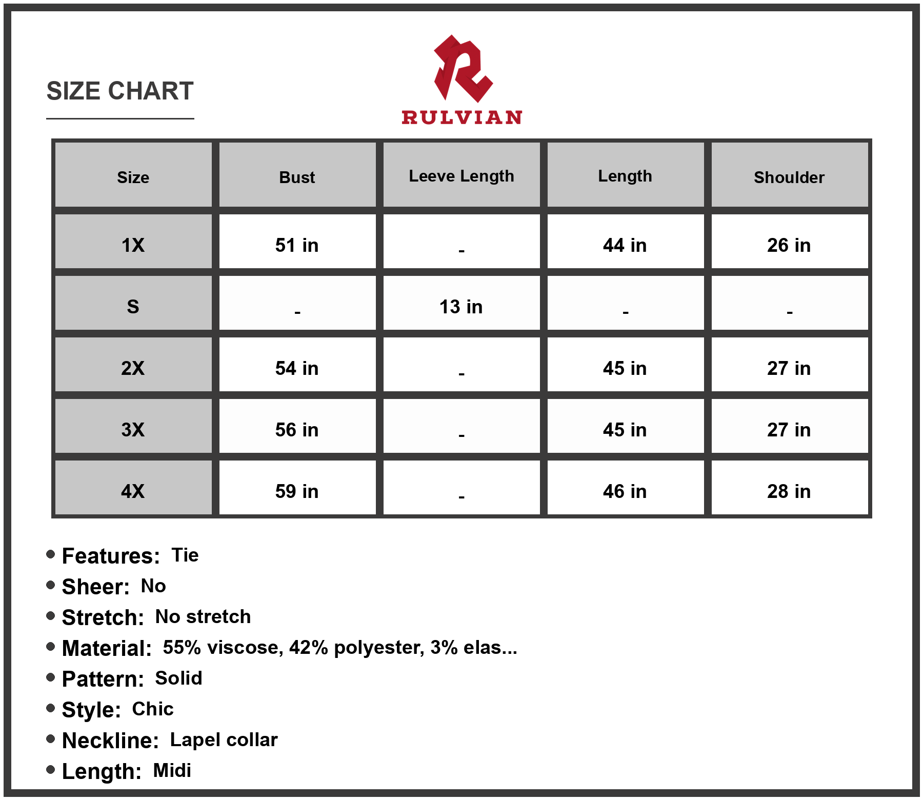 Size Chart - Women's Honey Buttoned Tie Waist Shirt Dress Midi Lapel Short Raglan Sleeves 55% Viscose 42% Polyester 3% Elastane