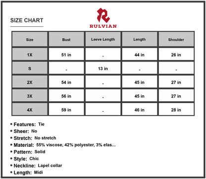 Size Chart - Women's Honey Buttoned Tie Waist Shirt Dress Midi Lapel Short Raglan Sleeves 55% Viscose 42% Polyester 3% Elastane