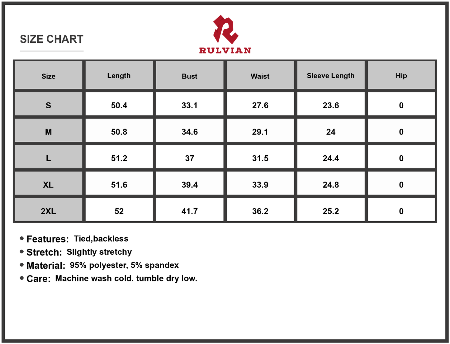 Size Chart - Women's Contrast Trim Long Sleeve Bodycon Maxi Dress Backless Tied Design Stretch 95% Polyester and 5% Spandex