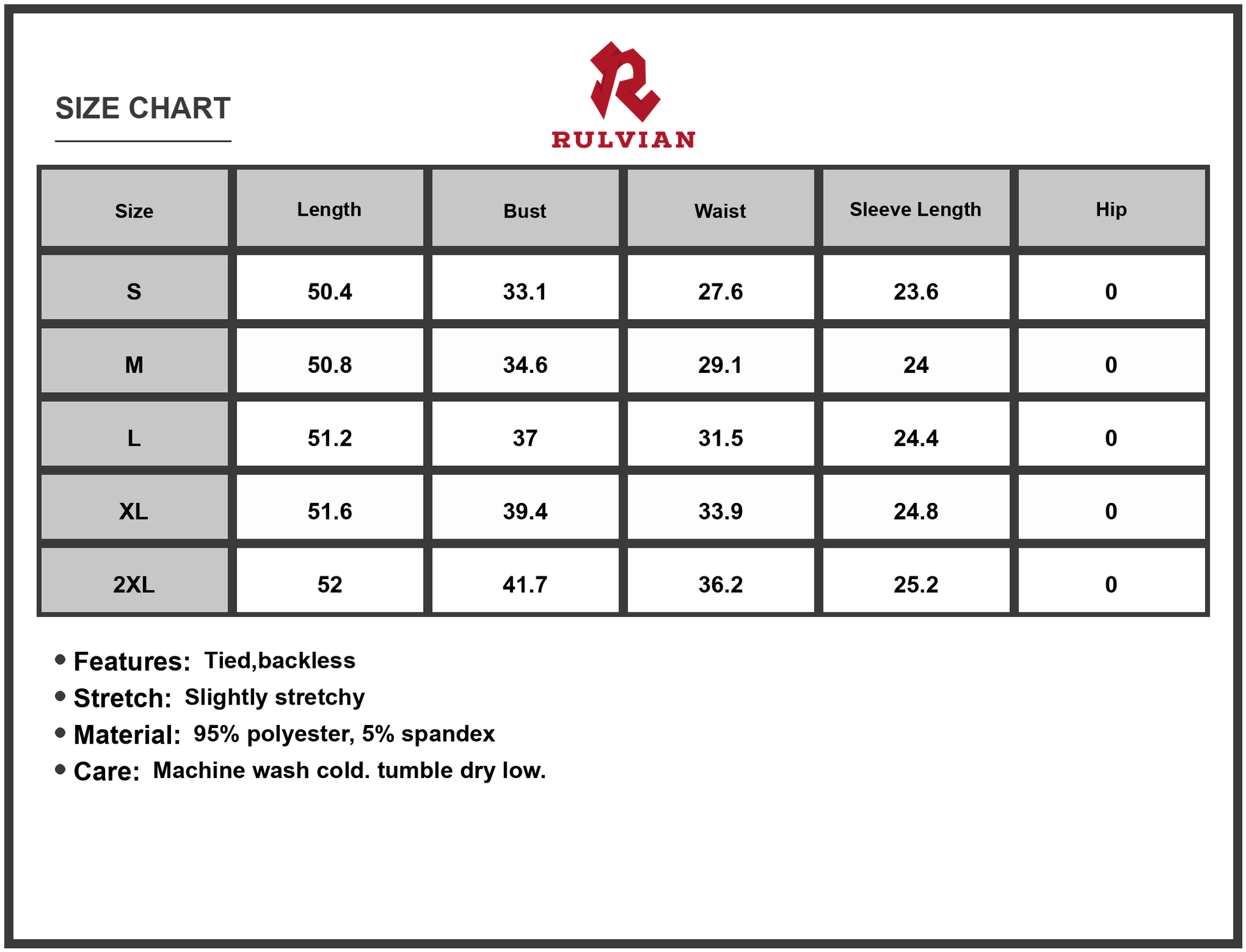 Size Chart - Women's Contrast Trim Long Sleeve Bodycon Maxi Dress Backless Tied Design Stretch 95% Polyester and 5% Spandex