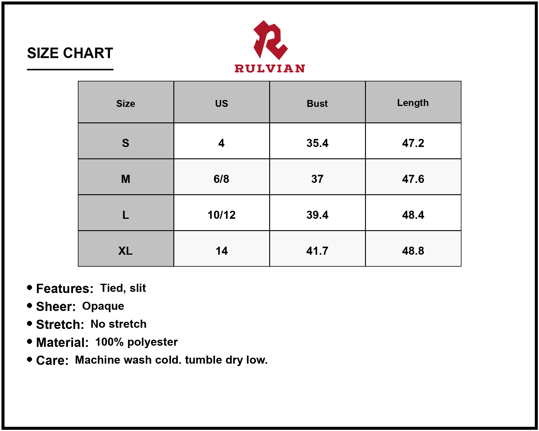 Size Chart - Women's Tied Slit Printed Half Sleeve Midi Dress with Sheer Look and Lightweight Polyester % Fabric for Everyday Wear