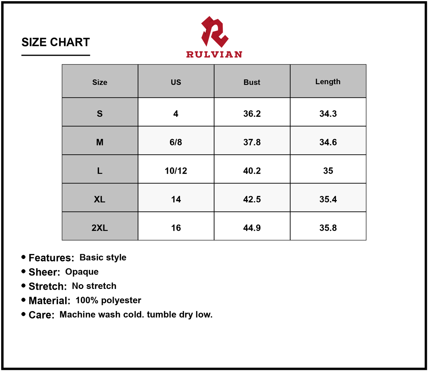 Size Chart - Women's Printed Round Neck Short Sleeve Dress Made with 100% Polyester for Everyday Comfort and Easy Care Wash Cold