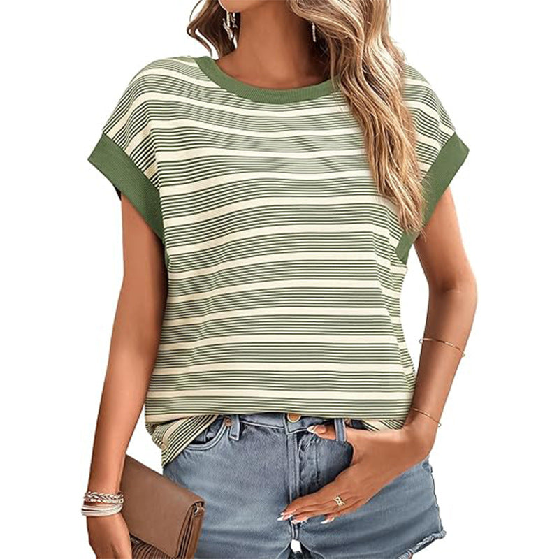 Womens Loose Round Neck Stripe Knitted Tshirt Raglan Sleeves 100% Cotton Top Soft Casual Everyday Wear Daily