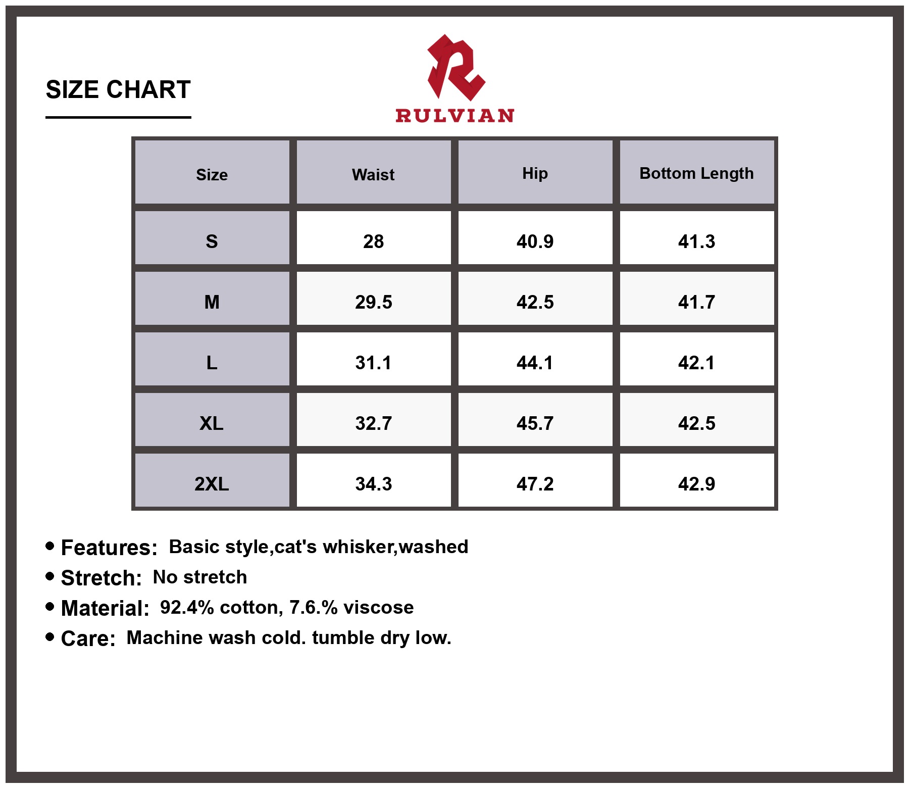 Size Chart - Men's Straight Fit Jeans Cat's Whisker Washed Premium Durable Classic Denim Pants for Versatile Casual Everyday Wear