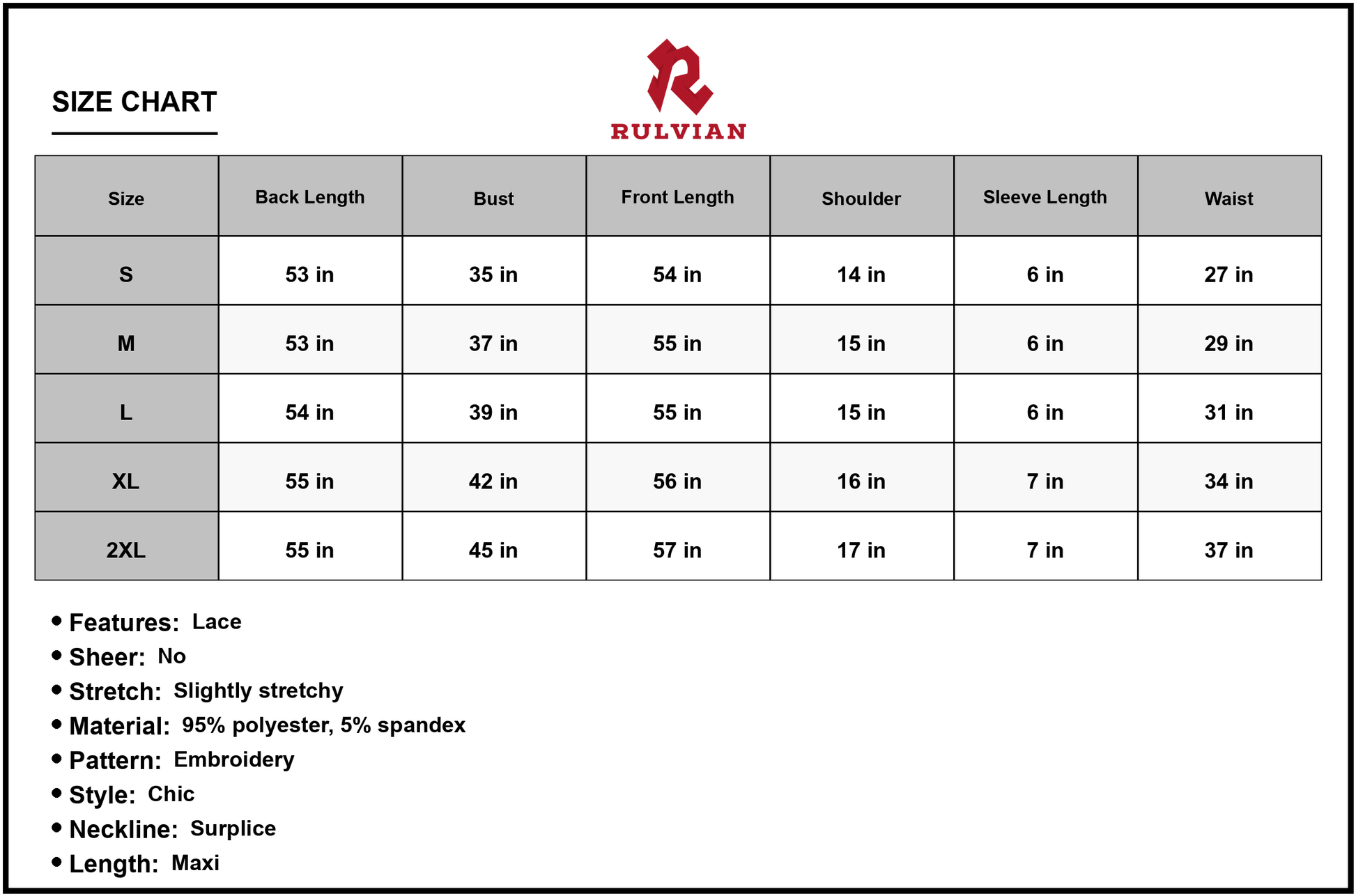 Size Chart - Women's Embroidered Surplice Neck Maxi Dress with Flutter Sleeves and A Line Hem Fabric 95% Polyester 5% Spandex