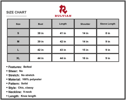 Size Chart - Women's V-Neck Flutter Sleeve Pleated Belted Knee Length Dress Chic Casual Style 100% Polyester Fabric for Everyday Wear