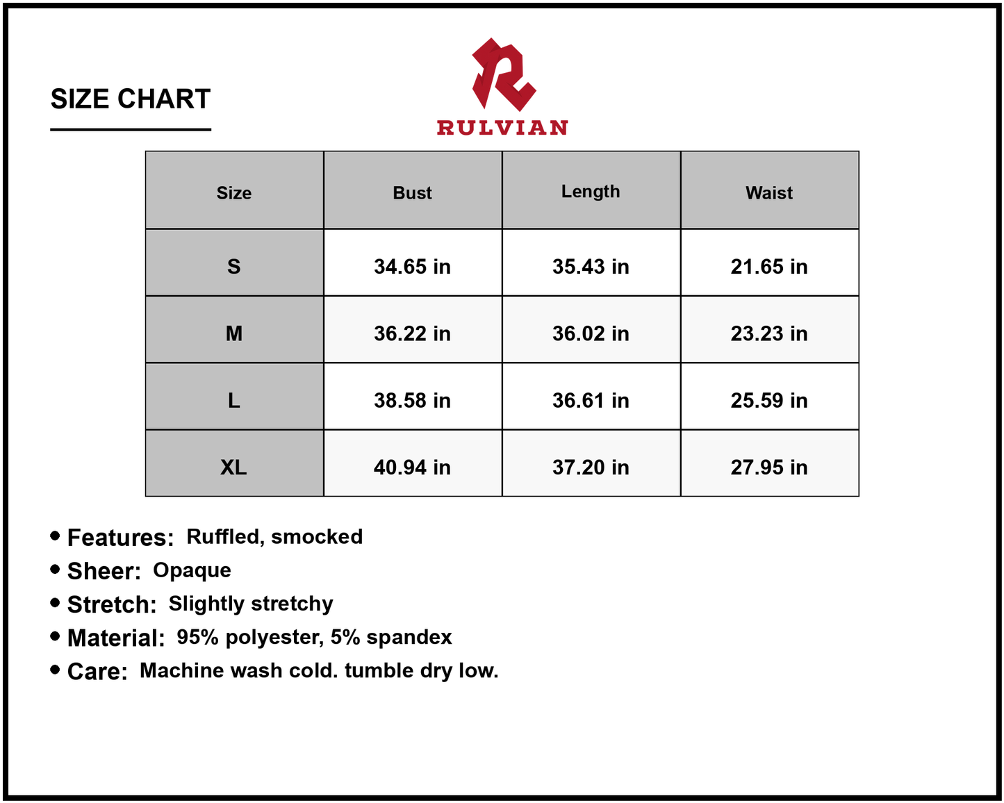 Size Chart - Women's Smocked Ruffled Surplice Mini Dress with Sheer Overlay and Stretch Not Lined 95% Polyester 5% Spandex