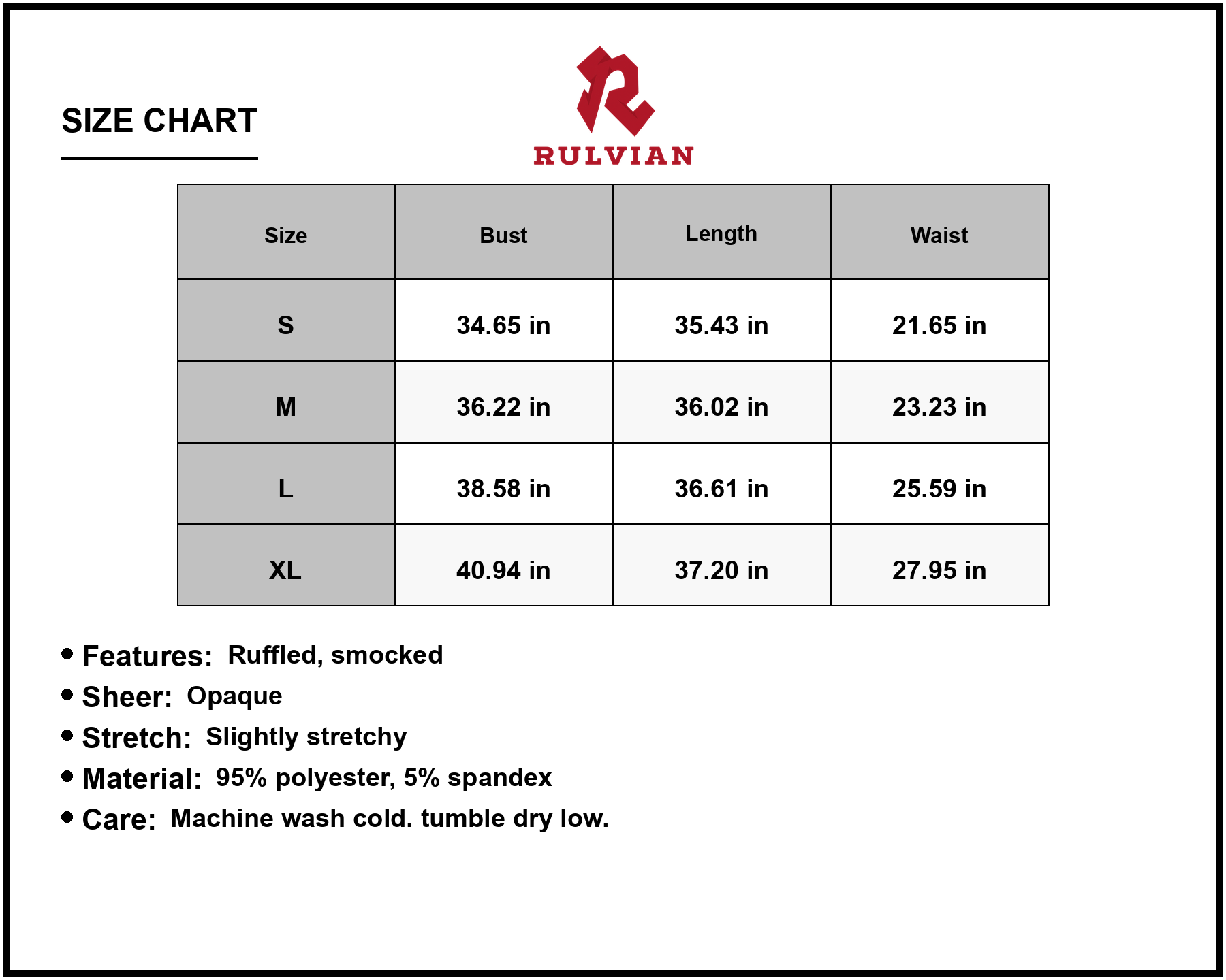 Size Chart - Women's Smocked Ruffled Surplice Mini Dress with Sheer Overlay and Stretch Not Lined 95% Polyester 5% Spandex