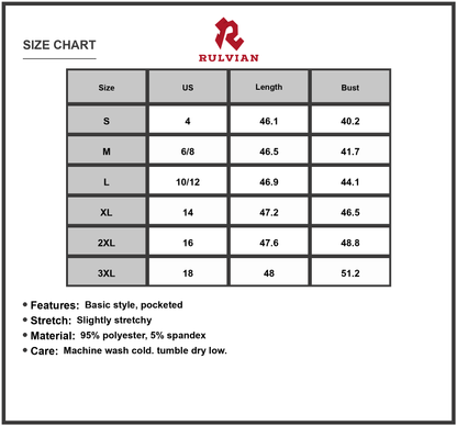 Size Chart - Women's Size Scoop Neck Cami Dress with Pockets Ninety Five Percent Polyester Fabric And Five Percent Spandex Fabric