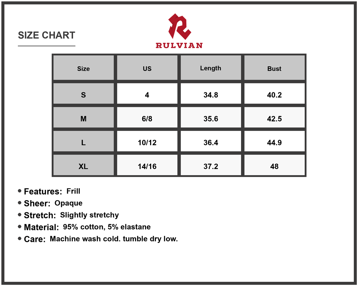Size Chart - Women's Frilled Trim Crew Neck Cap Sleeve Loose Fit Mini Dress for Everyday Wear 95% Cotton 5% Elastane Soft Stretch