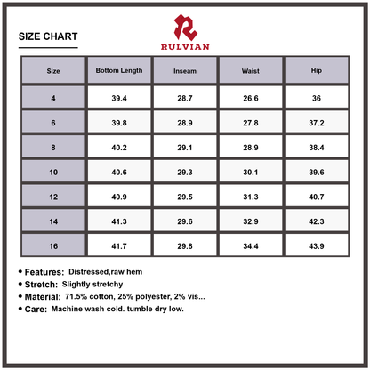 Size Chart - Women's High Waist Straight Leg Distressed Jeans with Folded Cuffs Raw Hem Premium Durable Everyday Denim Pants