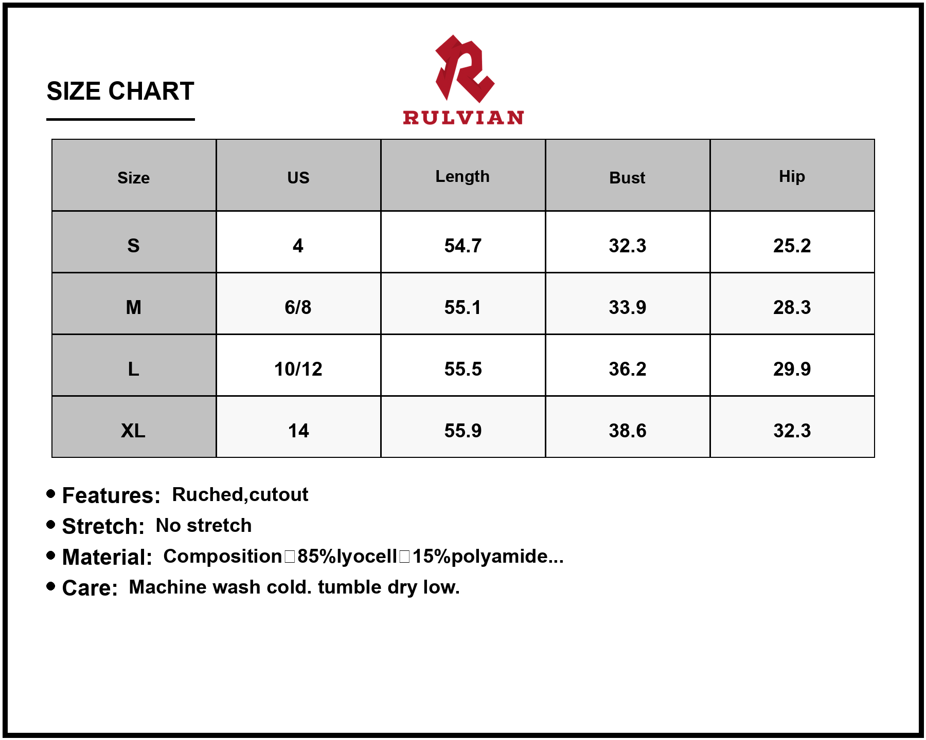 Size Chart - Women's Cutout V Neck Sleeveless Midi Dress with Ruched Detailing 85% lyocell 15% polyamide Lining 100% polyester