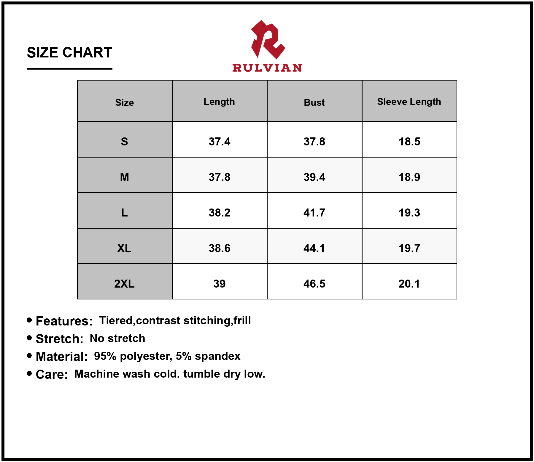Size Chart - Women's Tie Neck Long Sleeve Mini Dress with Tiered Trim Detailing for Evening Wear 95% Polyester 5% Spandex Casual Wear