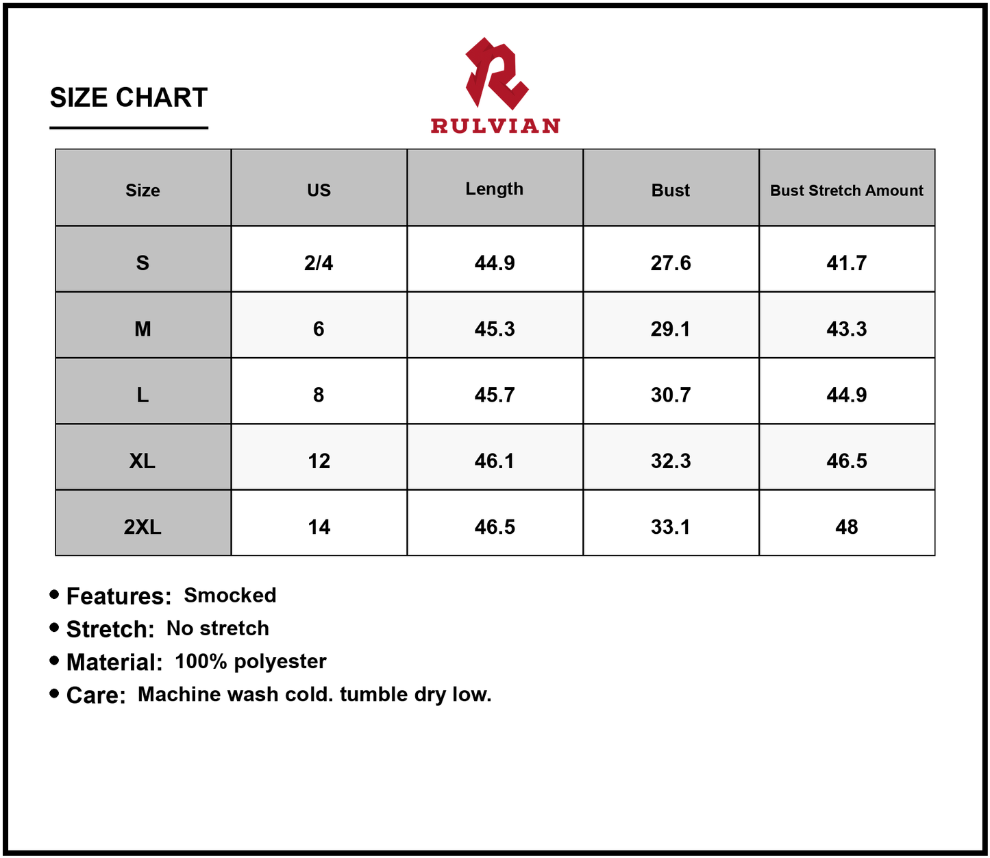 Size Chart - Women's Printed Smocked Maxi Cami Dress Lightweight Sleeveless Boho Style Summer Everyday Wear 100% Polyester