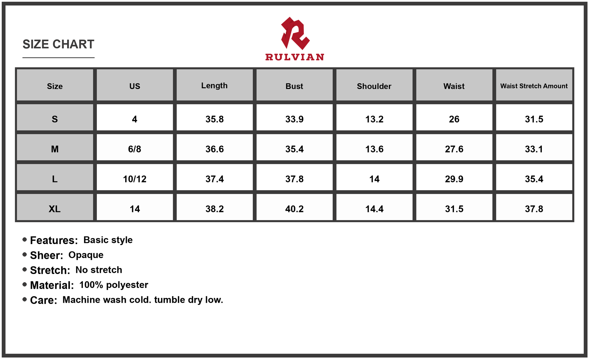 Size Chart - Womens Sleeveless Collared Neck Mini Dress 100% Polyester Lightweight Silhouette Perfect for Daywear and Evenings